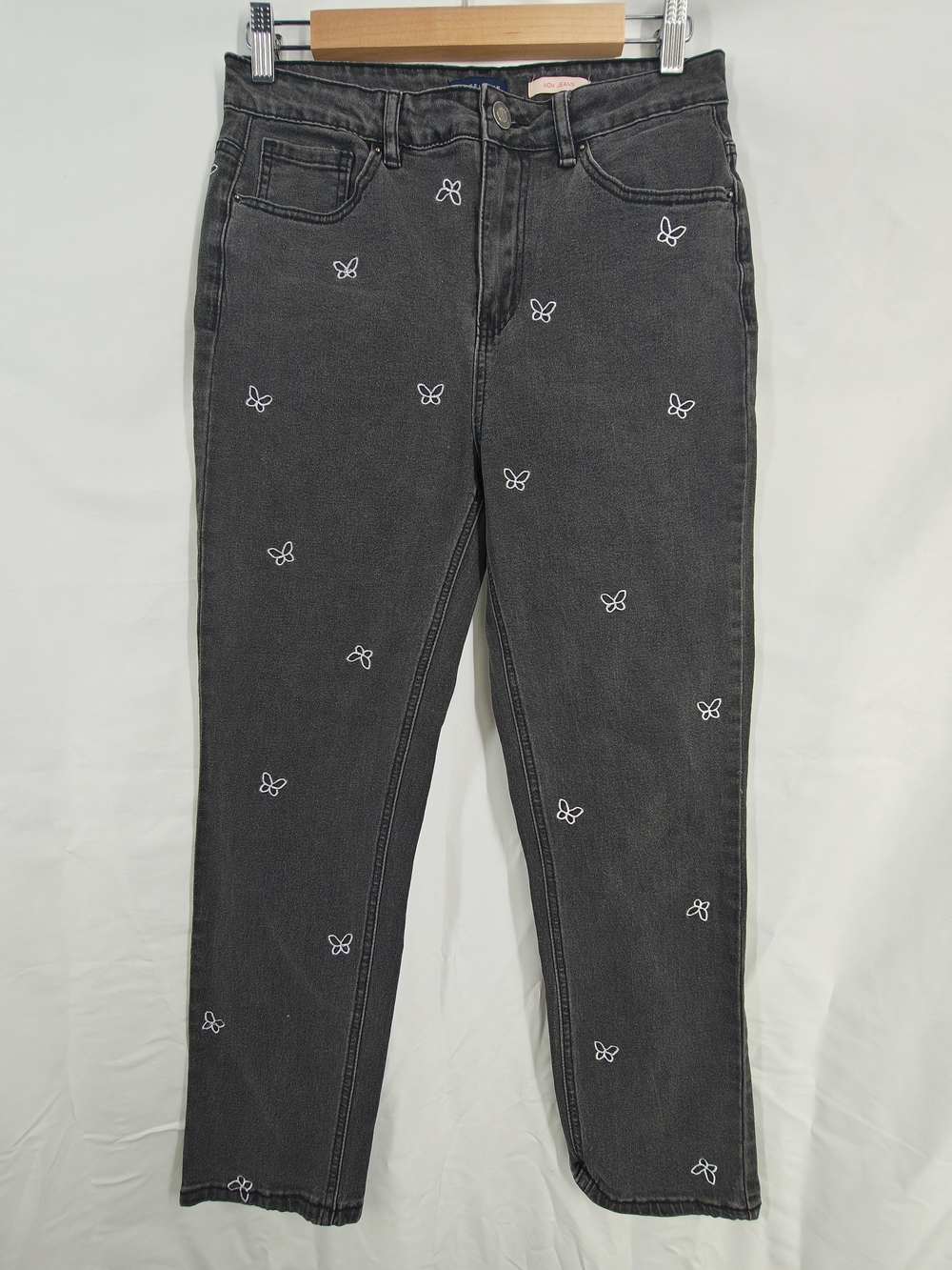 Angel Kiss Charcoal High-Rise Jeans with White Butterfly Embroidery